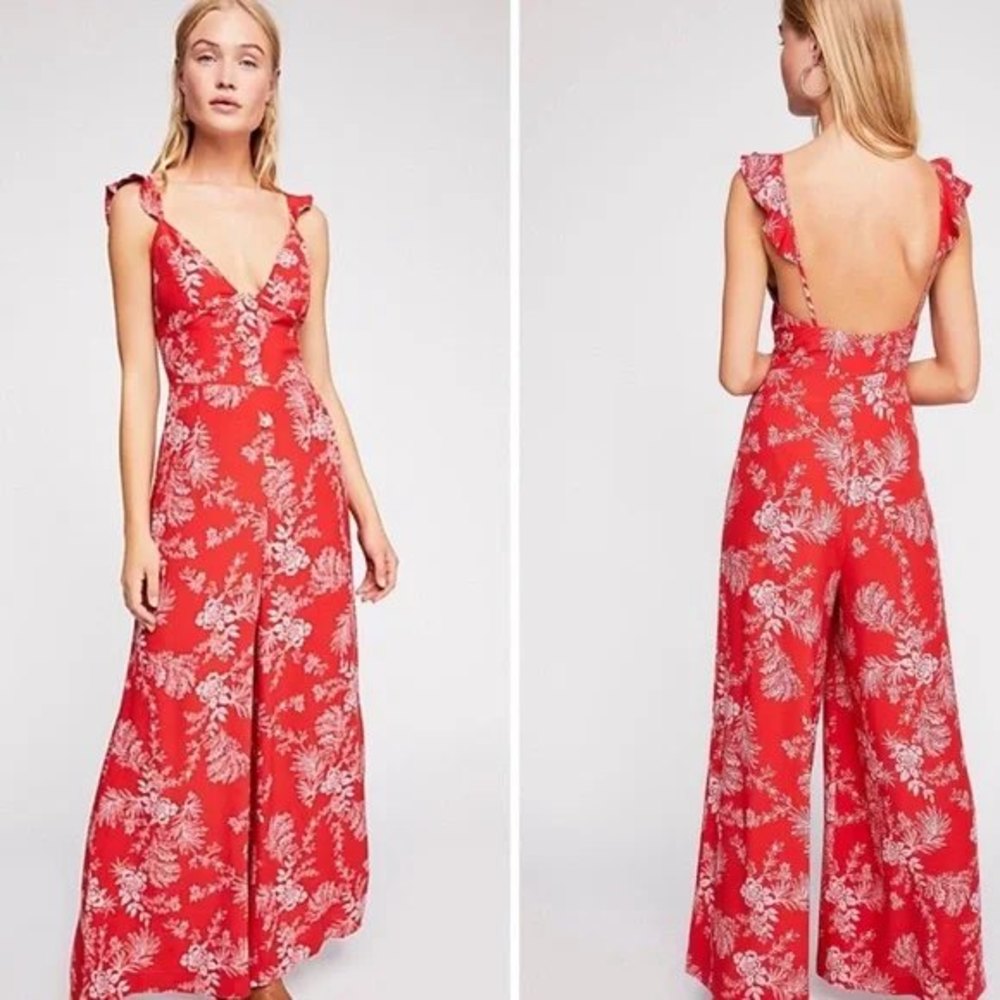 Free People Be the One Red Floral Jumpsuit